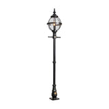 Victorian cast iron globe lamp post in black, 2.5m tall with a spherical glass shade in a banded cage on a tall traditional pole and square base, shown on a plain white background.