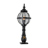Large Victorian cast iron globe pedestal post light in black, with a banded glass globe shade, ornate finial top, decorative column base and square mounting plate, shown on a plain white background.