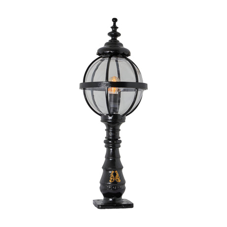 Large Victorian cast iron globe pedestal post light in black, with a banded glass globe shade, ornate finial top, decorative column base and square mounting plate, shown on a plain white background.