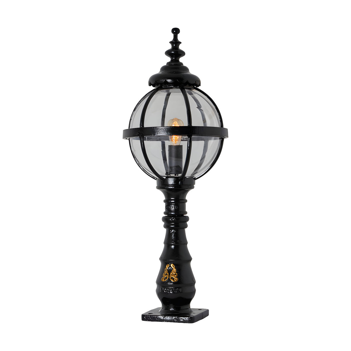 Large Victorian cast iron globe pedestal post light in black, featuring a spherical glass shade in a banded cage on a traditional turned base, shown on a plain white background.