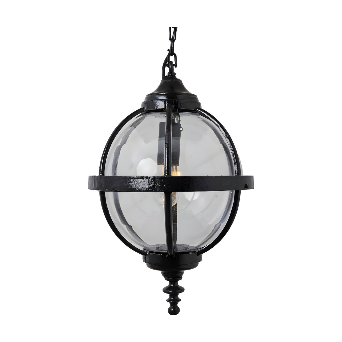 Large Victorian Globe Hanging Lantern in black, cast iron banded cage with clear spherical glass shade, suspended from a chain on a plain white background.