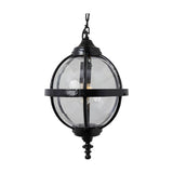 Large Victorian Globe Hanging Lantern in black, cast iron banded cage with clear spherical glass shade, suspended from a chain on a plain white background.