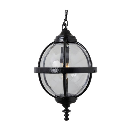 Large Victorian Globe Hanging Lantern in black, cast iron banded cage with clear spherical glass shade, suspended from a chain on a plain white background.