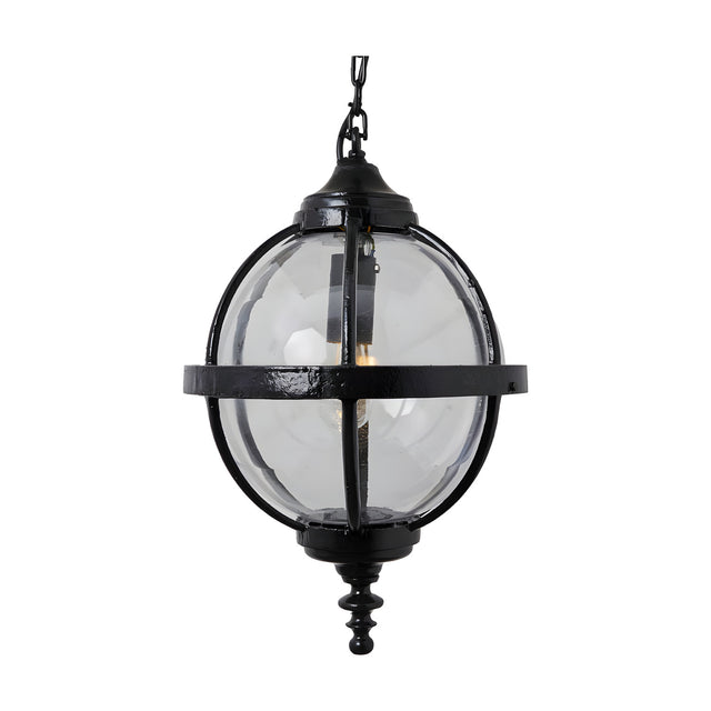 Large Victorian Globe Hanging Lantern in black, cast iron banded cage with clear spherical glass shade, suspended from a chain on a plain white background.