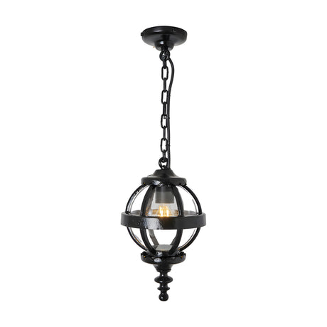 Small Victorian globe hanging lantern in black, cast iron banded cage with clear glass panels, suspended on a black chain from a ceiling mount, plain white background.