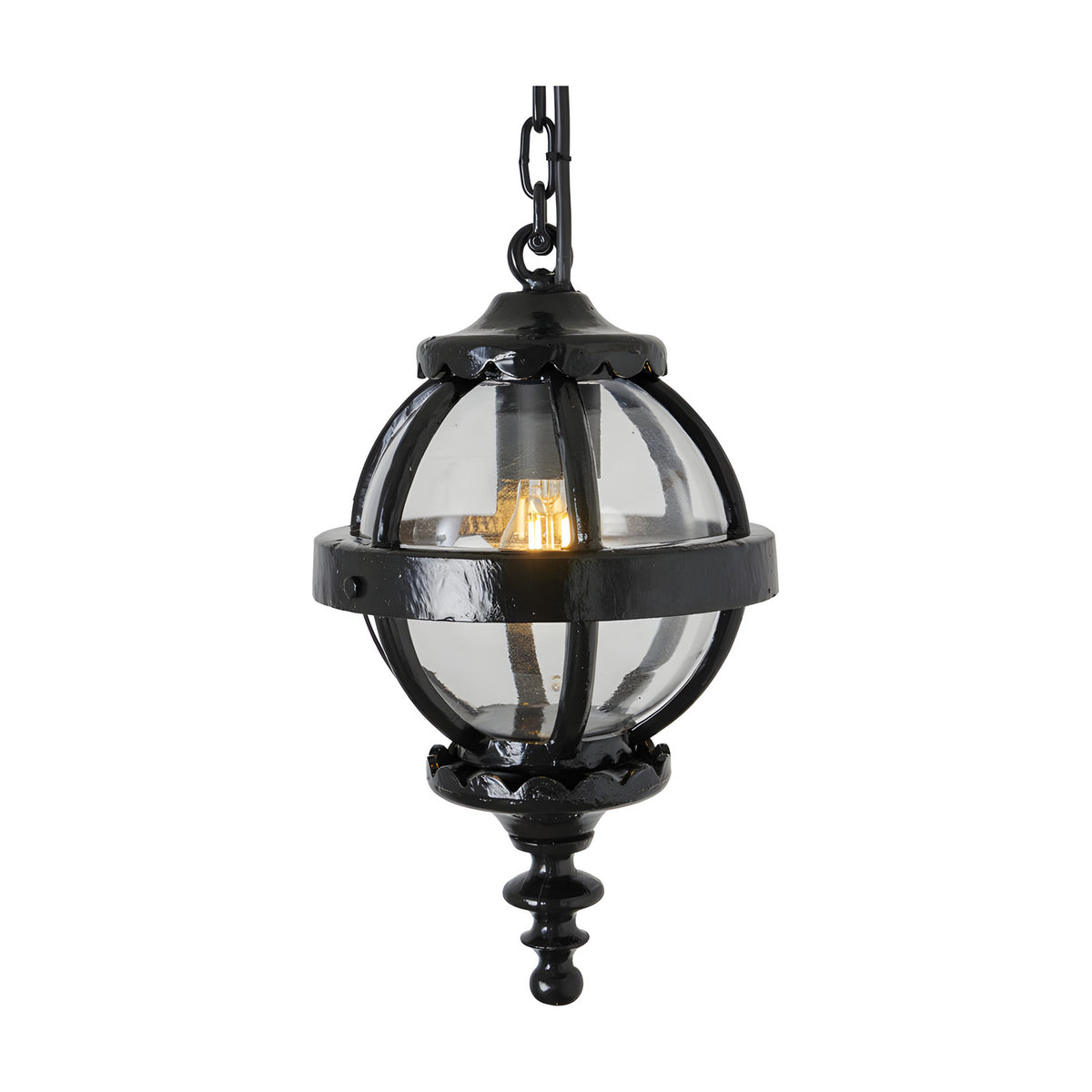 Small Victorian Globe Hanging Lantern in black, a cast iron banded cage with clear globe shade and chain suspension, shown lit against a plain white background.