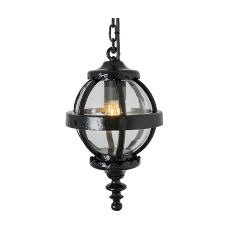 Small Victorian Globe Hanging Lantern in black, a cast iron banded cage with clear globe shade and chain suspension, shown lit against a plain white background.