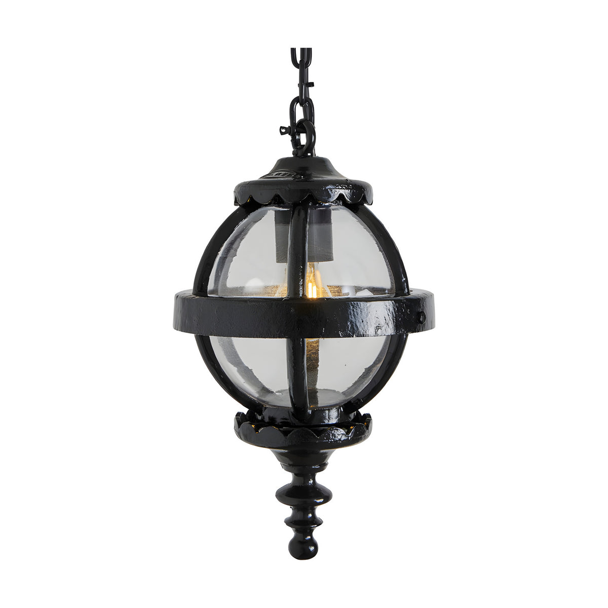 Small Victorian globe hanging lantern in black, cast iron banded cage with clear glass panels, suspended from a black chain, shown on a plain white background.