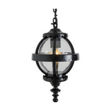Small Victorian globe hanging lantern in black, cast iron banded cage with clear glass panels, suspended from a black chain, shown on a plain white background.