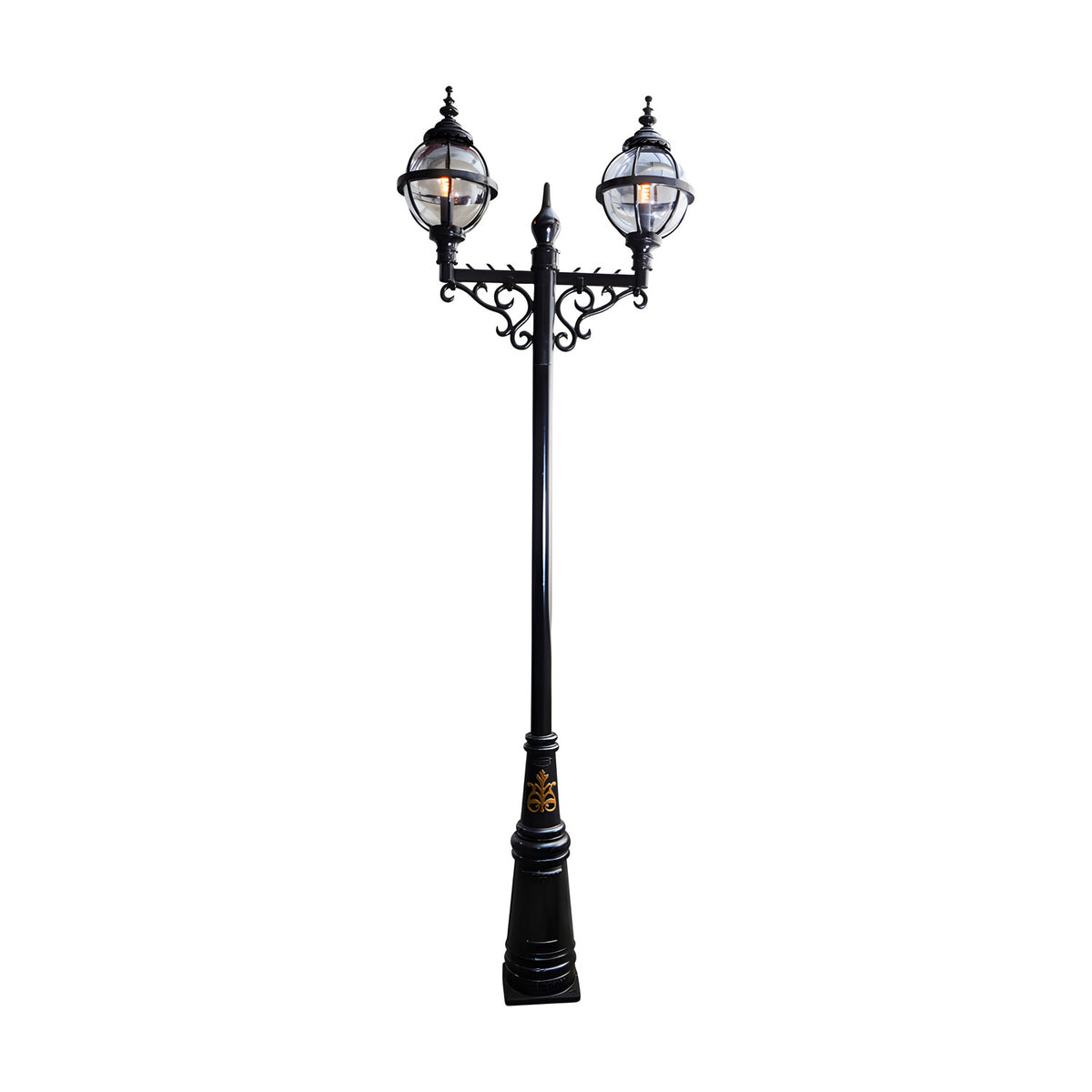 Victorian-style double-headed lamp post in black cast iron, 3.4m tall with two globe lanterns in banded cages atop a scrolled bracket, shown on a plain white background.