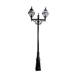 Victorian-style double-headed lamp post in black cast iron, 3.4m tall with two globe lanterns in banded cages atop a scrolled bracket, shown on a plain white background.