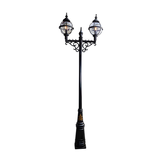 Victorian-style double-headed lamp post in black cast iron, 3.4m tall with two globe lanterns in banded cages atop a scrolled bracket, shown on a plain white background.