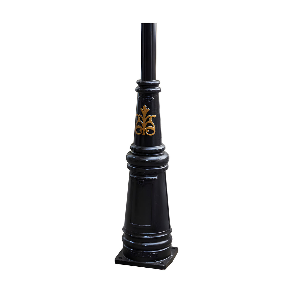 Victorian cast iron lamp post base in black with gold decorative motif and square mounting plate, tapered column shown on a plain white background.