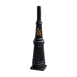 Victorian cast iron lamp post base in black with gold decorative motif and square mounting plate, tapered column shown on a plain white background.