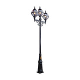 Victorian Cast Iron Globe Triple Headed Lamp Post, 3.6m tall in black with three glass globe lanterns on scrolled arms atop a tapered base, shown against a plain white background.