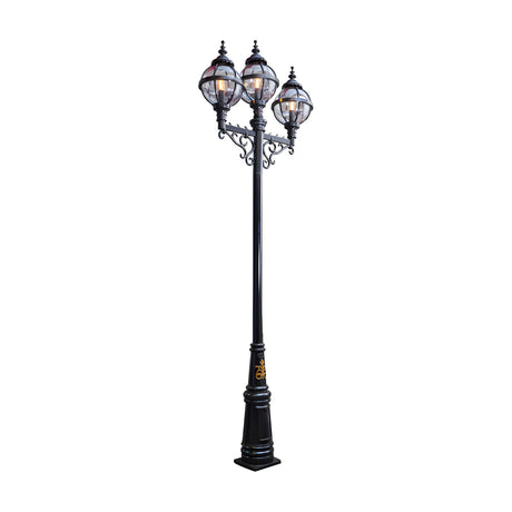 Victorian Cast Iron Globe Triple Headed Lamp Post, 3.6m tall in black with three glass globe lanterns on scrolled arms atop a tapered base, shown against a plain white background.