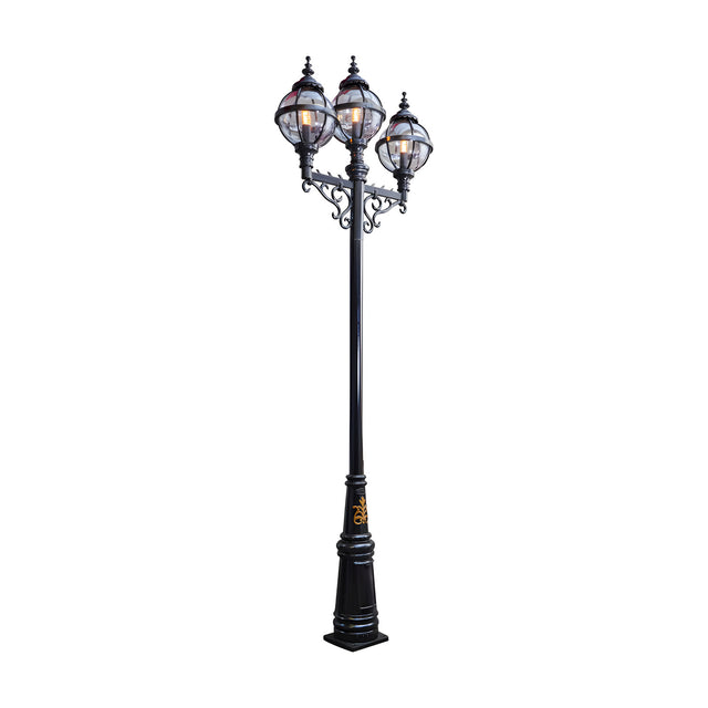 Victorian Cast Iron Globe Triple Headed Lamp Post, 3.6m tall in black with three glass globe lanterns on scrolled arms atop a tapered base, shown against a plain white background.