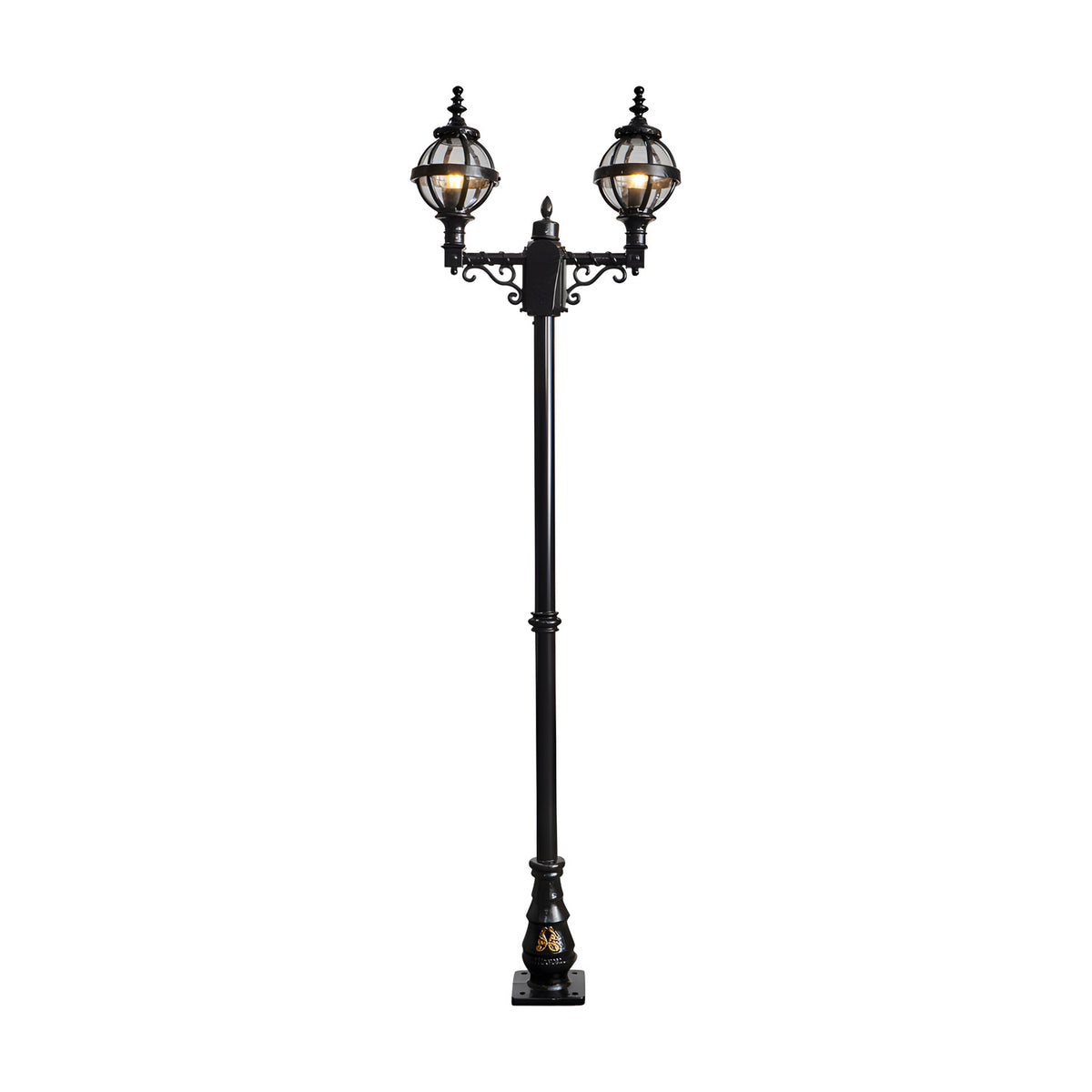 Victorian-style black cast iron double-headed lamp post, 2.47m tall, with two globe lanterns in banded cages on scrolled arms, ornate base, shown on a plain white background.