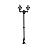 Victorian-style black cast iron double-headed lamp post, 2.47m tall, with two globe lanterns in banded cages on scrolled arms, ornate base, shown on a plain white background.