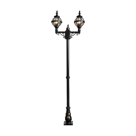 Victorian-style black cast iron double-headed lamp post, 2.47m tall, with two globe lanterns in banded cages on scrolled arms, ornate base, shown on a plain white background.