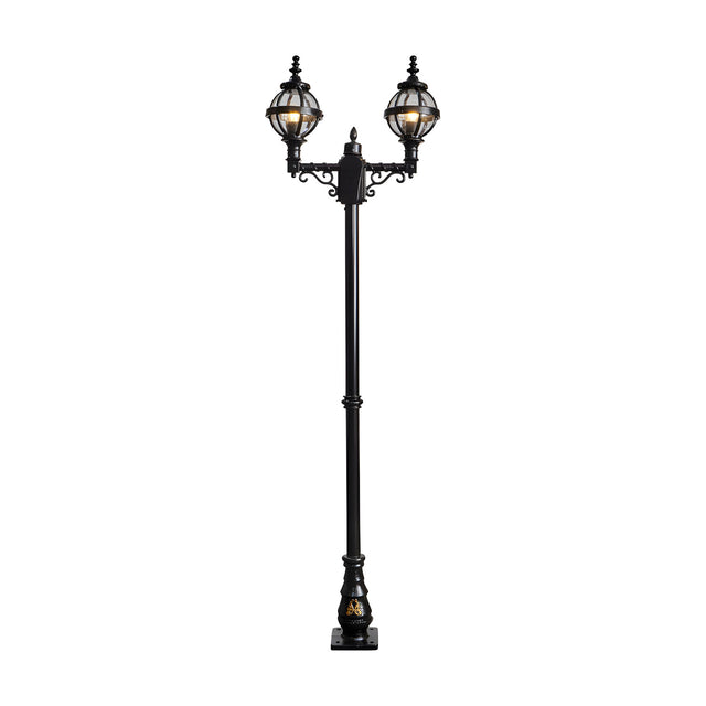 Victorian-style black cast iron double-headed lamp post, 2.47m tall, with two globe lanterns in banded cages on scrolled arms, ornate base, shown on a plain white background.