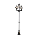 Victorian-style black cast iron 2.6m lamp post with three globe lantern heads on scrolled brackets, decorative base, shown against a plain white background.