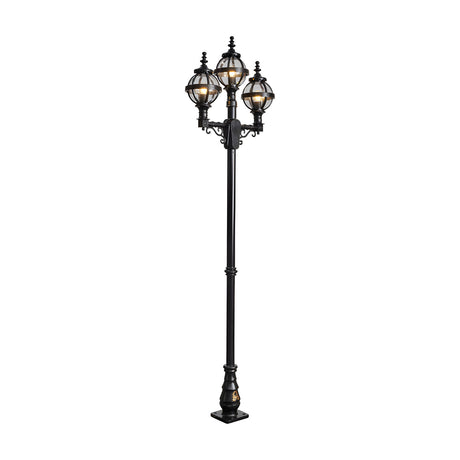 Victorian-style black cast iron 2.6m lamp post with three globe lantern heads on scrolled brackets, decorative base, shown against a plain white background.