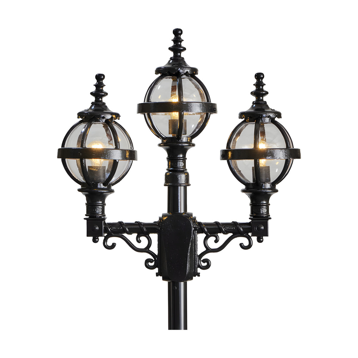 Victorian-style black cast iron triple-headed lamp post with three globe lanterns in banded cages atop a central pole, shown against a plain white background.
