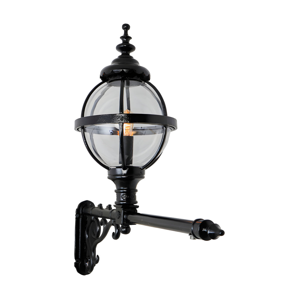 Victorian cast iron globe wall lantern in black, clear glass panels in a banded cage, mounted on a long decorative wall bracket against a plain white background.