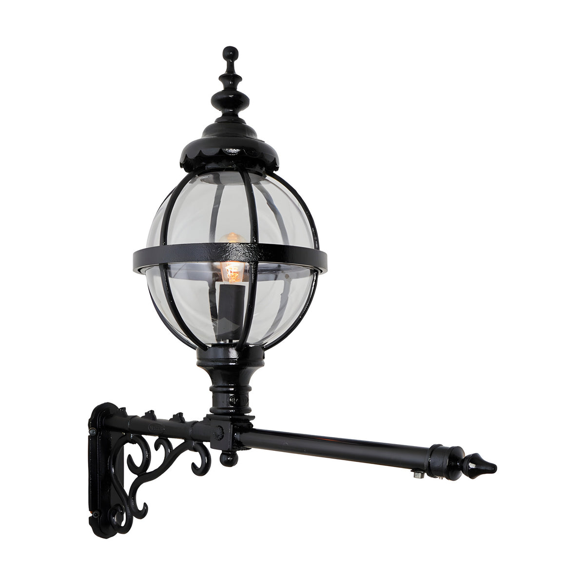Victorian cast iron globe wall lantern in black, banded cage design with clear glass, mounted on a long scrolled wall bracket, shown on a plain white background.