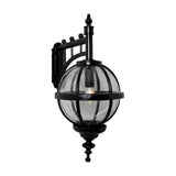 Large Victorian cast iron downturned globe wall lantern in black, with clear polycarbonate glazing in a banded cage, mounted on a scrolled wall bracket against a plain white background.
