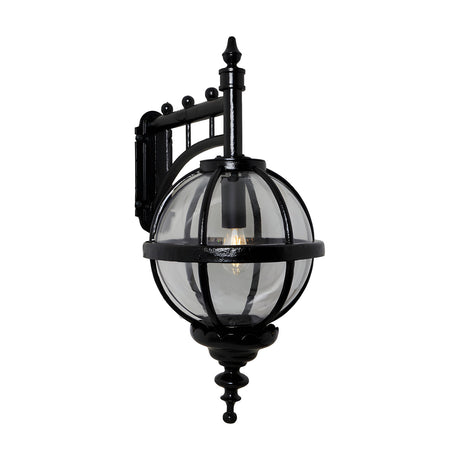 Large Victorian cast iron downturned globe wall lantern in black, with clear polycarbonate glazing in a banded cage, mounted on a scrolled wall bracket against a plain white background.