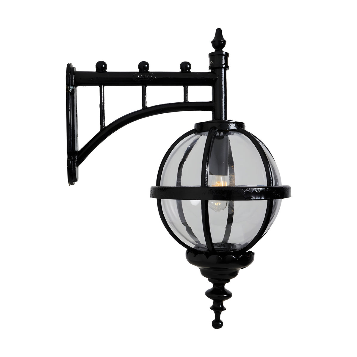 Large Victorian cast iron downturned globe wall lantern in black, with clear polycarbonate glazing in a banded cage and ornate mounting bracket, shown on a plain white background.