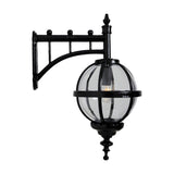 Large Victorian cast iron downturned globe wall lantern in black, with clear polycarbonate glazing in a banded cage and ornate mounting bracket, shown on a plain white background.