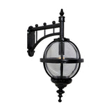 Large Victorian cast iron downturned globe wall lantern in black, with clear polycarbonate globe held in a banded cage on a decorative wall bracket, shown on a plain white background.