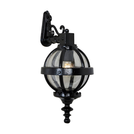 Small Victorian cast iron downturned globe wall lantern in black, with a banded cage design, ornate mounting bracket, and finial base, shown on a plain white background.