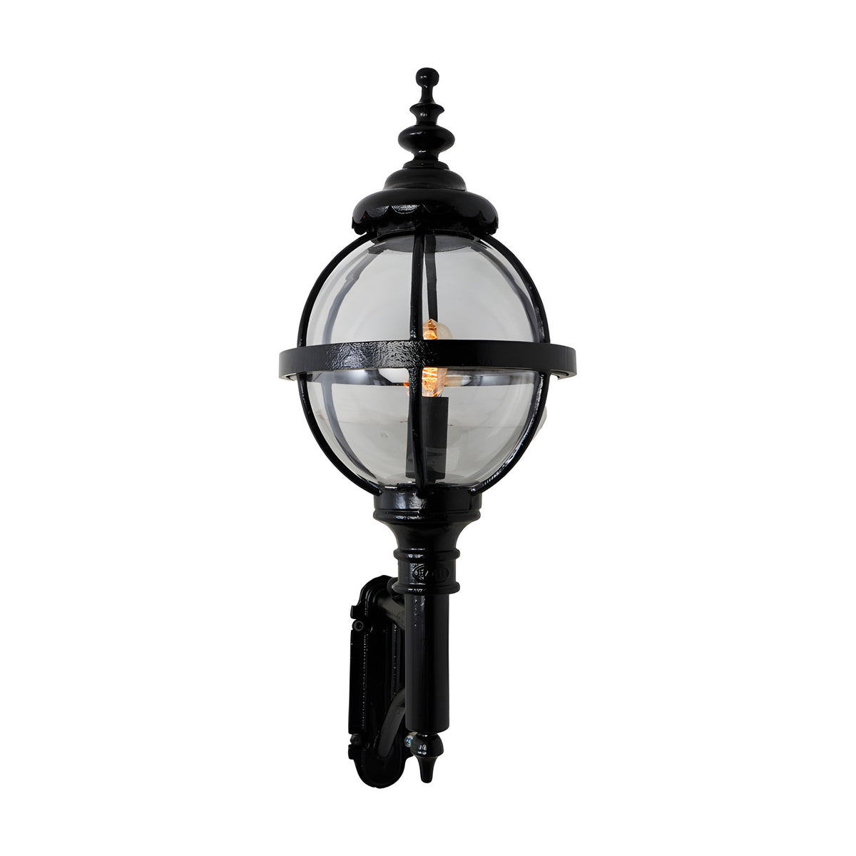 Victorian cast iron globe wall lantern in black, with clear polycarbonate glazing in a banded cage, mounted on a short arm, shown against a plain white background.