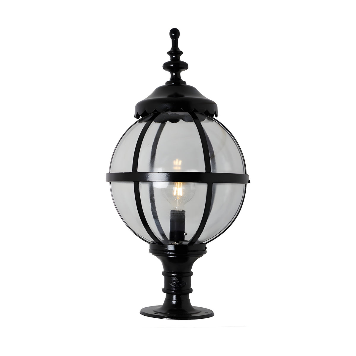 Large Victorian Globe Pillar Light in black, a clear glass globe held in a banded cast iron cage with ornate finial, mounted on a pedestal base, shown on a plain white background.