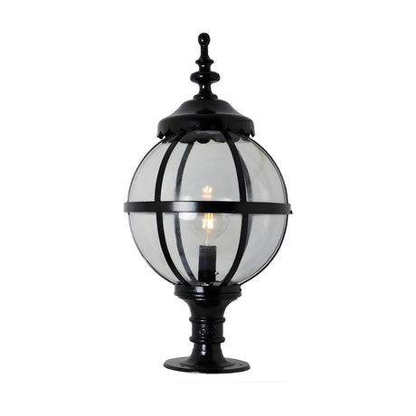 Large Victorian Globe Pillar Light in black, a clear glass globe held in a banded cast iron cage with ornate finial, mounted on a pedestal base, shown on a plain white background.