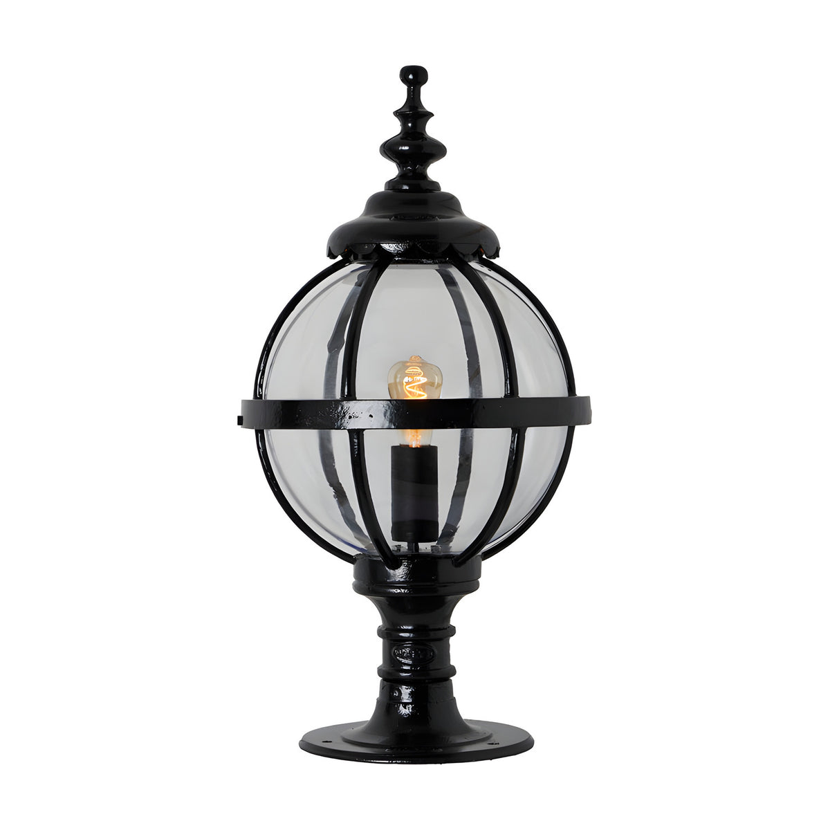 Medium Victorian Globe Pillar Light for Flat Piers in black, featuring a cast iron banded cage globe on a turned pedestal base with an ornate finial, shown on a plain white background.