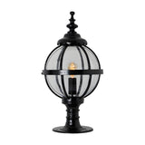 Medium Victorian Globe Pillar Light for Flat Piers in black, featuring a cast iron banded cage globe on a turned pedestal base with an ornate finial, shown on a plain white background.