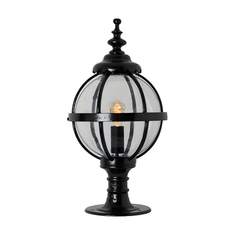 Medium Victorian Globe Pillar Light for Flat Piers in black, featuring a cast iron banded cage globe on a turned pedestal base with an ornate finial, shown on a plain white background.