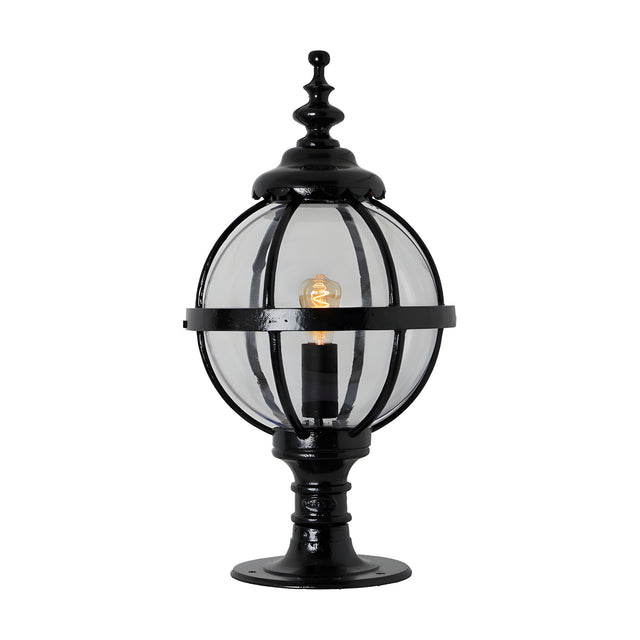 Medium Victorian Globe Pillar Light for Flat Piers in black, featuring a cast iron banded cage globe on a turned pedestal base with an ornate finial, shown on a plain white background.
