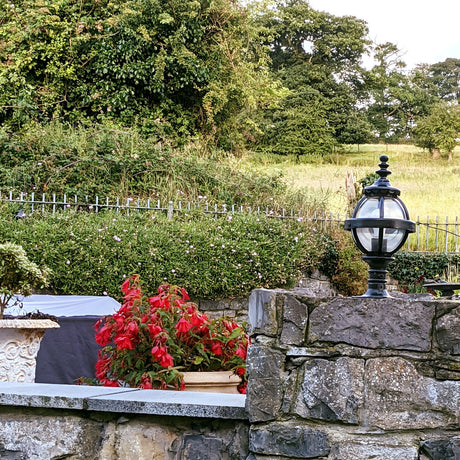 Small Victorian Globe Pillar Light in black iron with globe cage, mounted on a stone pier cap beside red flowering plants in a garden setting.