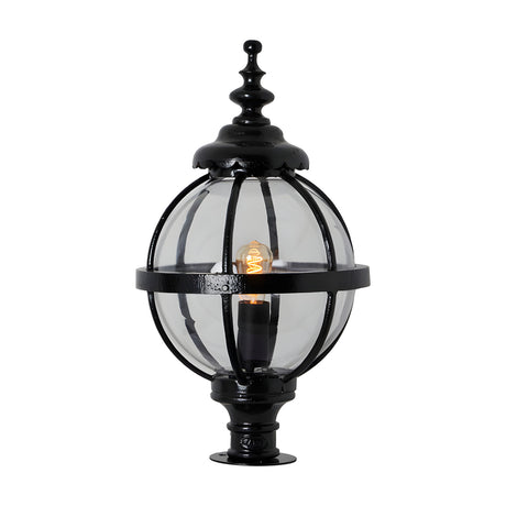 Large Victorian Globe Pillar Light in black with cast iron banded cage, clear globe, ornate finial top, and pier cap base, shown on a plain white background.