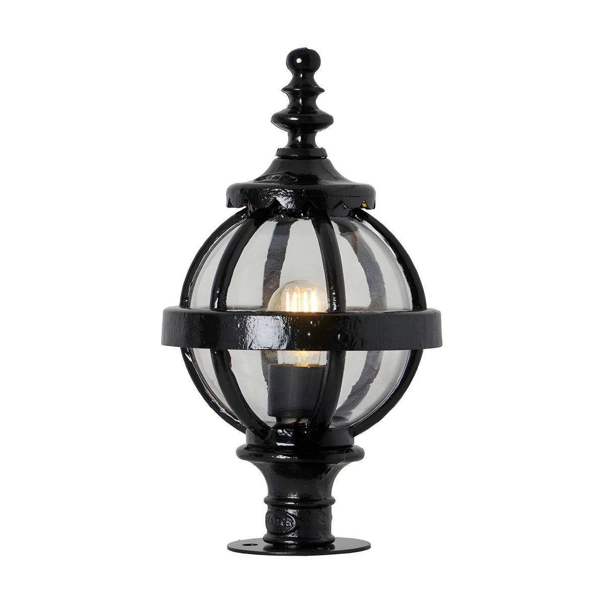 Small Victorian Globe Pillar Light in black, a cast iron globe with banded cage design and ornate finial, glass panels and lit bulb visible, on a plain white background.