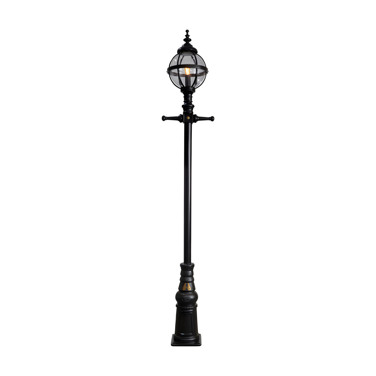 Victorian Manor Cast Iron Globe Lamp Post in black, a 3m traditional column with a banded glass globe and ornate base, shown against a plain white background.