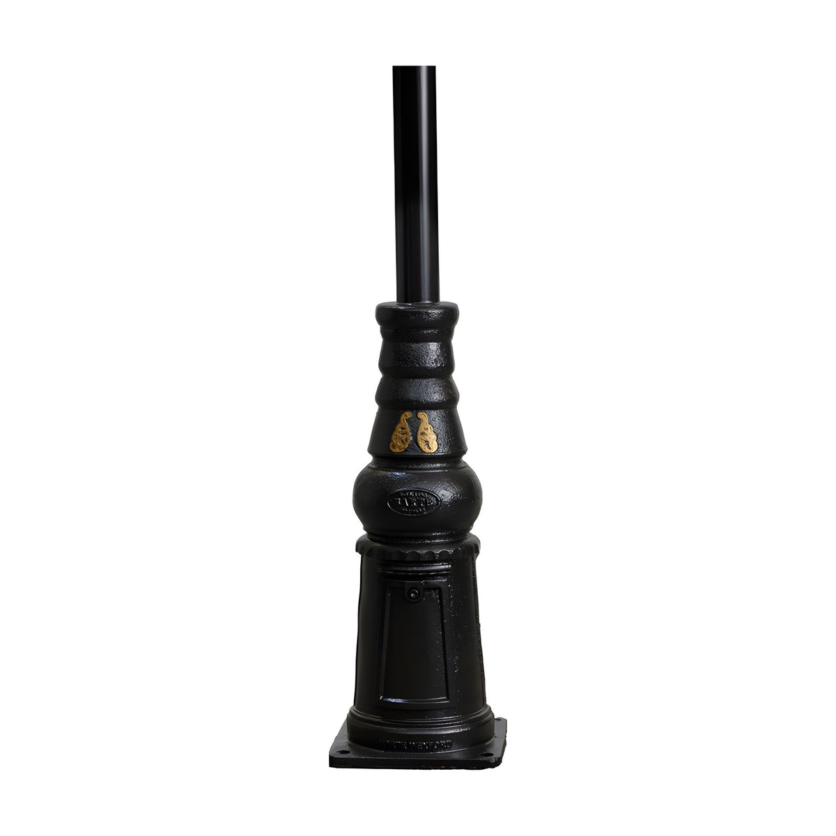 Victorian Manor cast iron lamp post base in black with decorative banded column and black pole, shown on a plain white background.