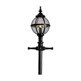 Victorian Manor cast iron globe lamp post in black, featuring a caged glass sphere, ornate finial, decorative bracket arms, and tall column, shown on a plain white background.