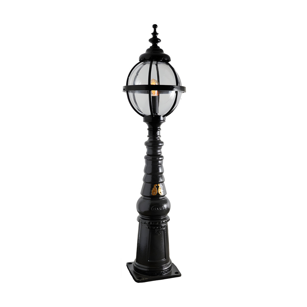 Victorian Manor cast iron globe pedestal post light in black, featuring a banded globe cage on a traditional column base with square footplate, on a plain white background.
